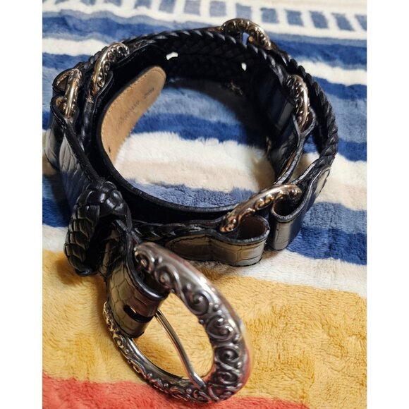 Vtg Brighton Black Croc Embossed Leather Braided Rope Belt  B60133  Size 34 main image 13